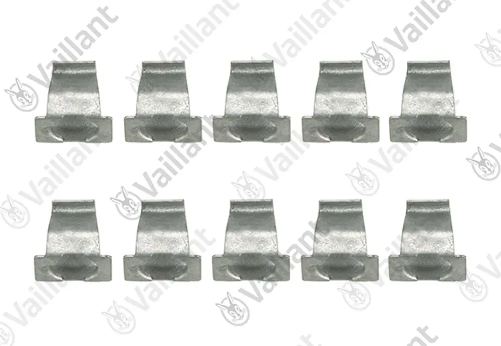 Zehn Klammern aus Metall, vermutlich für eine Heizungsinstallation, angeordnet in zwei Reihen, mit dem Logo von Vaillant im Hintergrund.